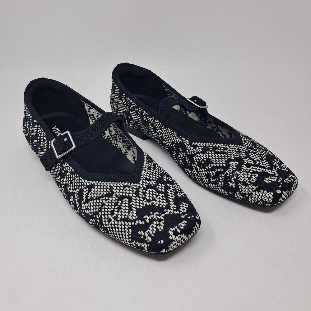 Vivaia Margot Mary Jane Flats Black White Lace Knit Square Toe Shoe EU 37.5 US 7